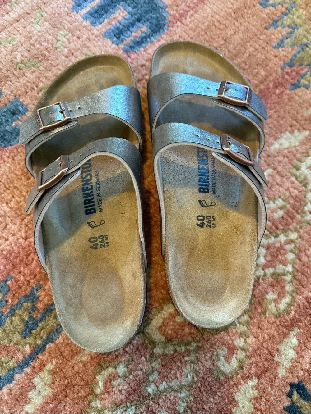 EUC Birkenstock Women’s Sydney Double-Strap Sandals in Metallic Brown.